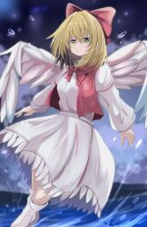 Rule 34 | 1girl, absurdres, angel wings, blonde hair, bow, closed mouth, commentary, daru (kumakumadon), gengetsu (touhou), hair bow, highres, long sleeves, looking at viewer, red bow, shirt, short hair, skirt, solo, touhou, touhou (pc-98), white shirt, white skirt, white wings, wings, yellow eyes