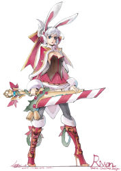 Rule 34 | 1girl, animal ears, blue eyes, boots, breasts, earmuffs, full body, fur boots, high heel boots, high heels, highres, knee boots, league of legends, loiza, rabbit ears, red footwear, riven (league of legends), santa boots, simple background, skirt, solo, sword, weapon, white background