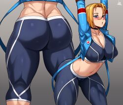 Rule 34 | 1girl, armpits, arms up, ass, ass focus, blonde hair, blue eyes, blush, breasts, butt crack, cameltoe, cammy white, capcom, covered erect nipples, dimples of venus, from behind, highres, huge ass, jacket, jmg, large breasts, leaning, leaning forward, looking at viewer, mixed-language commentary, nipples visible through clothes, open mouth, paid reward available, pants, parted lips, puffy areolae, short hair, solo, spandex, street fighter, street fighter 6