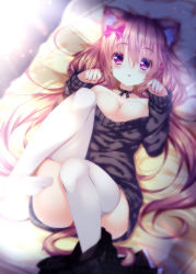 Rule 34 | 1girl, animal ears, bed sheet, blush, bow, breasts, brown panties, cat ears, cleavage, hair bow, hair ornament, highres, large breasts, liliko (ooji cha), long hair, long sleeves, looking at viewer, lying, neck ribbon, off-shoulder, off-shoulder sweater, off shoulder, ooji cha, original, panties, pantyshot, paw pose, pink hair, purple eyes, ribbon, skirt, skirt around one leg, solo, sweater, thighhighs, underwear, white thighhighs, x hair ornament