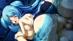 Rule 34 | 1girl, ass, ass grab, back, bare shoulders, blue hair, blush, breast press, breasts, censored, closed eyes, game cg, hitotsu tobashi ren&#039;ai, long hair, night, open mouth, penis, pool, pussy, sex, sonohara aori, swimsuit, twintails, underwater, underwater sex, vaginal, water, wet