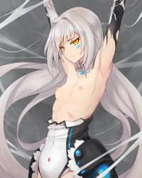 Rule 34 | 1girl, armor, arms up, bdsm, bondage, bound, breasts, closed mouth, clothes pull, code: battle seraph (elsword), cowboy shot, detached collar, detached sleeves, elsword, eve (elsword), expressionless, facial mark, faulds, floating hair, forehead protector, from side, gem, grey background, hair intakes, highres, lace, leotard, leotard pull, long hair, looking at viewer, low twintails, md5 mismatch, nipples, puffy nipples, raised eyebrows, restrained, ribs, shirt pull, silk, small breasts, solo, spider web, strapless, strapless leotard, torn clothes, twintails, very long hair, waero, white hair, yellow eyes