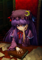 Rule 34 | 1girl, book, cff, creepy, crescent, crescent moon, female focus, hand on own face, hat, highres, horror (theme), kanno kengo, long hair, moon, patchouli knowledge, purple eyes, purple hair, solo, touhou