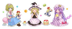 Rule 34 | 3girls, alice margatroid, ama-tou, apron, black dress, blonde hair, blue dress, blue eyes, bow, cake, candy, capelet, cherry, closed eyes, coat, coffee mug, crescent, cup, dress, food, fruit, hair bow, hair ribbon, hairband, hat, hat bow, kirisame marisa, konpeitou, lolita hairband, long hair, long sleeves, mob cap, muffin, mug, multiple girls, open clothes, open coat, open mouth, patchouli knowledge, pillow, puffy short sleeves, puffy sleeves, purple dress, purple eyes, purple hair, ribbon, sash, shanghai doll, short hair, short sleeves, sitting, smile, strawberry, striped clothes, striped dress, teacup, touhou, tress ribbon, very long hair, waist apron, wide sleeves, witch hat