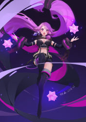 Rule 34 | 1girl, :o, belt, black cape, black footwear, boots, breasts, broken, broken chain, cape, chain, cleavage, dated, dayfuture, detached sleeves, earrings, forever 7th capital, full body, gradient background, highres, jewelry, long hair, low-tied long hair, magical girl, navel, purple background, purple cape, purple hair, short shorts, shorts, side ponytail, solo, suspender shorts, suspenders, thigh boots, thighhighs, twintails, very long hair