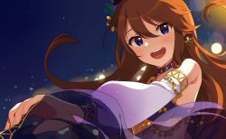 Rule 34 | 1girl, :d, armlet, bare shoulders, blue choker, blurry, blush, bokeh, brown hair, choker, dancer, depth of field, detached sleeves, earrings, fingernails, floating hair, gold trim, hair between eyes, hair ornament, harem outfit, highres, idolmaster, idolmaster million live!, idolmaster million live! theater days, inuyama nanami, jewelry, light blush, long hair, long sleeves, looking at viewer, midriff, night, night sky, open mouth, outstretched arm, see-through, sky, smile, solo, teeth, tokoro megumi, upper body, upper teeth only