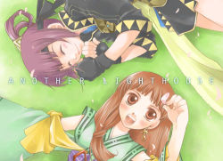 Rule 34 | 2girls, :d, ^ ^, arm up, blush, brown eyes, brown hair, cherry blossoms, closed eyes, detached sleeves, earrings, closed eyes, fingerless gloves, flat chest, from above, gensou suikoden, gensou suikoden v, gloves, grass, hair ornament, hair rings, headband, japanese clothes, jewelry, kizuki miki, long hair, lowres, lying, lymsleia falenas, miakis (suikoden), multiple girls, on back, on side, open mouth, outdoors, petals, purple hair, sash, scarf, short hair, short twintails, smile, twintails