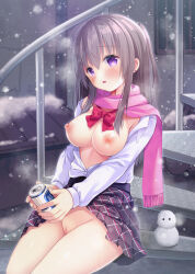 1girl blush breasts can cleft_of_venus clothes_lift earrings exhibitionism highres holding holding_can jewelry large_breasts long_hair long_sleeves mottso neck_ribbon nipples no_bra no_panties open_clothes open_mouth original outdoors own_hands_together pink_scarf pleated_skirt public_indecency purple_eyes pussy red_ribbon ribbon scarf shirt sitting skirt skirt_lift snow snowing snowman solo white_shirt winter winter_clothes