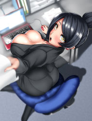 Rule 34 | 1girl, ass, bijin onna joushi takizawa-san, black hair, breasts, bursting breasts, business suit, chair, cleavage, computer, earrings, formal, from above, hair bun, highres, holding, holding paper, jewelry, large breasts, mature female, mole, office chair, office lady, open mouth, pantylines, paper, single hair bun, sitting, solo, suit, swept bangs, swivel chair, takizawa kyouko, tama (tamakaka1031), yellow eyes