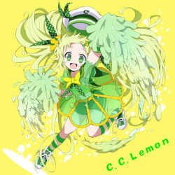 Rule 34 | 1girl, :d, bike shorts, blonde hair, c.c. lemon, c.c. lemon (character), character name, dress, givuchoko, green eyes, hair ornament, hairclip, hat, highres, open mouth, pom pom (cheerleading), smile, solo, striped, yellow background