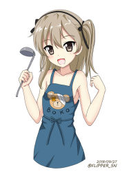 Rule 34 | 10s, 1girl, :d, apron, bare arms, bare shoulders, black bow, black hairband, blue apron, blush, boko (girls und panzer), bow, collarbone, dated, flipper, girls und panzer, hair between eyes, hair bow, hairband, hands up, head tilt, holding, ladle, light brown hair, long hair, naked apron, open mouth, shimada arisu, simple background, smile, solo, twitter username, white background