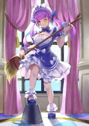 Rule 34 | 1girl, ;), absurdres, anchor hair ornament, anchor symbol, ankle cuffs, blue bow, blue bowtie, blue dress, blue footwear, blue hair, blue nails, blunt bangs, bow, bowtie, breasts, broom, bucket, chakuma (yiyh1468), closed mouth, collar, colored inner hair, curtains, day, dress, dress bow, drill hair, footwear bow, frilled dress, frills, full body, hair ornament, hands up, highres, holding, holding broom, hololive, indoors, large breasts, leg up, long hair, looking at viewer, maid, maid headdress, minato aqua, minato aqua (1st costume), multicolored hair, nail polish, one eye closed, pink curtains, pink eyes, purple hair, short sleeves, smile, solo, standing, standing on object, streaked hair, twin drills, twintails, two-tone hair, virtual youtuber, white bow, white collar, window, wrist cuffs