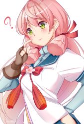 Rule 34 | 1girl, :3, ?, akashi (kancolle), blue sailor collar, brown gloves, chou2, commentary request, cowboy shot, fingerless gloves, gloves, green eyes, hair ribbon, highres, hip vent, kantai collection, long hair, long sleeves, one-hour drawing challenge, pink hair, ribbon, sailor collar, school uniform, serafuku, simple background, solo, tress ribbon, white background