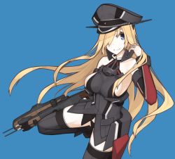 Rule 34 | 10s, 1girl, bad id, bad twitter id, bare shoulders, bismarck (kancolle), bismarck drei (kancolle), black panties, blonde hair, blue background, blue eyes, breasts, detached sleeves, female focus, grey thighhighs, grin, hair over one eye, hat, jewelry, kantai collection, large breasts, long hair, long sleeves, mikoto (oi plus), military, military uniform, panties, peaked cap, ring, sideboob, simple background, smile, solo, taut clothes, thighhighs, turret, underwear, uniform, wedding band