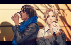 Rule 34 | 2girls, back-to-back, bad id, bad pixiv id, black hair, black jacket, blonde hair, blue eyes, blue scarf, casual, coat, coffee, coffee cup, commentary, cup, dark-skinned female, dark skin, dated, day, disposable cup, drinking, forehead, hage2013, highres, holding, holding cup, jacket, lips, lipstick, long sleeves, looking away, looking to the side, makeup, mercy (overwatch), multiple girls, outdoors, overwatch, overwatch 1, parted bangs, parted lips, pharah (overwatch), pink lips, ponytail, purple-tinted eyewear, scarf, shadow, short hair, signature, sunglasses, sunlight, tinted eyewear, upper body, white coat