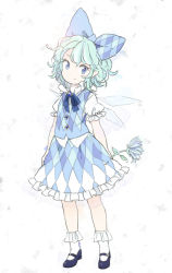 Rule 34 | 1girl, adapted costume, argyle, bad id, bad pixiv id, blue eyes, blue hair, bobby socks, bow, cirno, dress, flower, hair bow, ice, ice wings, mary janes, matching hair/eyes, miy, mo (kukuex), pointy ears, shoes, short hair, socks, solo, touhou, white socks, wings