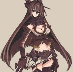 Rule 34 | 10s, 1girl, bad id, bad pixiv id, bare shoulders, breasts, brown eyes, brown hair, cleavage, elbow gloves, garter belt, garter straps, gloves, gorget, grey background, kantai collection, large breasts, leather, leather gloves, long hair, looking at viewer, maikeru (dk maikel), midriff, miniskirt, nagato (kancolle), navel, simple background, skirt, solo, thighhighs, very long hair