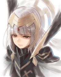Rule 34 | 1girl, armor, cape, crown, fire emblem, fire emblem heroes, grey hair, hair ornament, jewelry, long hair, looking at viewer, red eyes, simple background, solo, tugo, veronica (fire emblem)