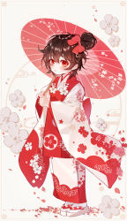 Rule 34 | 1girl, absurdres, baocaizi, blush, bow, brown hair, commentary request, diagonal stripes, fingernails, floral print, flower, grey background, grey flower, hair between eyes, hair bow, hair bun, highres, holding, holding umbrella, japanese clothes, kimono, long sleeves, looking at viewer, nail polish, oil-paper umbrella, original, petals, print kimono, print umbrella, red bow, red eyes, red flower, red kimono, red nails, red umbrella, sandals, single hair bun, socks, solo, standing, striped, striped bow, tabi, umbrella, white footwear, white kimono, white socks, wide sleeves, zouri
