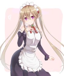 Rule 34 | 1girl, apron, black dress, blush, closed mouth, collarbone, commentary request, detached sleeves, dress, elf, fingernails, frilled apron, frilled sleeves, frills, hair between eyes, hand on own chest, head tilt, heart, highres, juliet sleeves, light brown hair, long hair, long sleeves, looking at viewer, maid, maid apron, maid headdress, myucel foalan, nogi lief, outbreak company, pink background, pointy ears, puffy sleeves, purple eyes, sidelocks, smile, solo, twintails, two-tone background, very long hair, white apron, white background