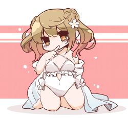 Rule 34 | 1girl, bloom2425, brown eyes, casual one-piece swimsuit, choker, commentary request, cosplay, criss-cross halter, double bun, flower, frilled one-piece swimsuit, frilled swimsuit, frills, hair bun, hair flower, hair ornament, halterneck, hand on own hip, kantai collection, kneeling, light brown hair, looking at viewer, michishio (kancolle), one-piece swimsuit, sagiri (kancolle), sagiri (kancolle) (cosplay), shawl, short hair, short twintails, side-tie swimsuit, solo, swimsuit, twintails, white choker, white one-piece swimsuit, white shawl