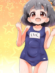 Rule 34 | 1girl, bare arms, bare shoulders, black hair, blush, brown eyes, collarbone, female focus, flat chest, gluteal fold, hair bobbles, hair ornament, highres, idolmaster, idolmaster million live!, looking at viewer, nakatani iku, nami makoto, one-piece swimsuit, open mouth, solo, star (symbol), starry background, swimsuit
