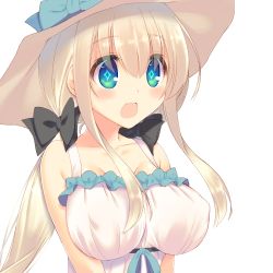 Rule 34 | 1girl, bare shoulders, black ribbon, blonde hair, blue eyes, blush, bow, breasts, cleavage, dress, hair between eyes, hair ribbon, hat, large breasts, long hair, low twintails, mutsuno hekisa, open mouth, original, ribbon, solo, twintails