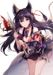 Rule 34 | 1girl, aki663, animal ears, axe, bare shoulders, black hair, blood, bloody weapon, breasts, cleavage, detached sleeves, earrings, granblue fantasy, holding, holding axe, jewelry, long hair, looking at viewer, nier (granblue fantasy), red eyes, simple background, skirt, solo, tears, weapon, white background