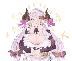 Rule 34 | 1girl, apron, artist request, blue eyes, blush, bow, breasts, bright pupils, cheek pinching, cleavage, cleavage cutout, clothing cutout, disembodied limb, draph, frilled apron, frills, granblue fantasy, hair bow, hair ornament, hair over one eye, heart, heart hair ornament, horn bow, horn ornament, horns, large breasts, light purple hair, long hair, low-tied long hair, narmaya (granblue fantasy), narmaya (valentine) (granblue fantasy), pinching, pointy ears, solo focus, sparkle, sweater, very long hair