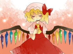 Rule 34 | 1girl, ascot, bad id, bad pixiv id, blonde hair, blouse, bow, closed eyes, comic, embodiment of scarlet devil, female focus, flandre scarlet, gradient background, hair bow, hammer (sunset beach), hand on own chest, hat, shirt, short hair, side ponytail, silent comic, skirt, smile, solo, touhou, wings