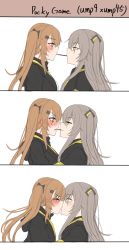 Rule 34 | 2girls, armband, bad id, bad pixiv id, black bow, black jacket, black ribbon, blush, bow, brown eyes, brown hair, closed eyes, crossed bangs, eye contact, food, girls&#039; frontline, hair ornament, hairclip, highres, hood, hood down, hooded jacket, jacket, kiss, long hair, looking at another, mouth hold, multiple girls, one side up, open clothes, open jacket, p981877, pocky, pocky kiss, ribbon, scar, scar across eye, scar on face, shared food, shirt, simple background, smile, ump45 (girls&#039; frontline), ump9 (girls&#039; frontline), white shirt, yuri