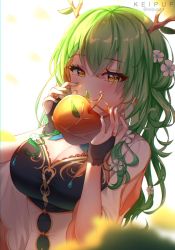 Rule 34 | 1girl, antlers, apple, braid, braided bangs, breasts, ceres fauna, cleavage cutout, clothing cutout, food, framed breasts, fruit, green hair, highres, hololive, hololive english, horns, keipup, large breasts, long hair, mole, mole under eye, nail polish, single braid, solo, virtual youtuber, wavy hair