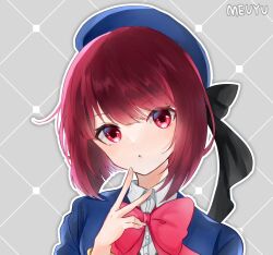 Rule 34 | 1girl, arima kana, artist name, beret, black bow, blue headwear, blush, bob cut, bow, close-up, commentary request, eyelashes, eyes visible through hair, fingernails, grey background, hair bow, hand up, hat, head tilt, looking at viewer, medium hair, mee yuuuuu, oshi no ko, parted lips, pink bow, red eyes, red hair, shirt, simple background, solo, swept bangs, v, white shirt