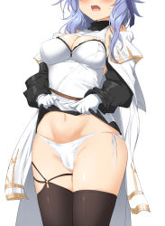 Rule 34 | 1girl, black skirt, black thighhighs, blue hair, blush, breasts, clothes lift, fang, gloves, granblue fantasy, head out of frame, highres, jacket, legs together, lifting own clothes, long hair, medium breasts, momio, nav (itsnav), open clothes, open jacket, open mouth, paid reward available, panties, shirt, side-tie panties, simple background, skirt, skirt lift, solo, standing, thighhighs, tikoh, underwear, white gloves, white jacket, white panties, white shirt