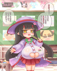 Rule 34 | 1girl, alexi (tits!), black hair, breasts, busty demon garden (arekishi), cleavage, cleavage cutout, clothing cutout, demon girl, fang, hand fan, hat, highres, horns, huge breasts, long hair, looking at viewer, monster girl, oni, open mouth, oppai loli, pointy ears, ribbon, sample watermark, skirt, solo, standing, text focus, translated, watermark, yellow eyes