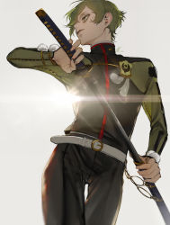 Rule 34 | 1boy, au (d elete), bad id, bad pixiv id, belt, black pants, closed mouth, green eyes, green hair, holding, holding sword, holding weapon, katana, looking to the side, male focus, pants, scabbard, sheath, simple background, solo, sword, touken ranbu, uguisumaru, weapon, white background, white belt
