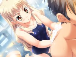 Rule 34 | 1boy, 1girl, :o, age difference, bath, bath stool, bathing, bathroom, blonde hair, blue one-piece swimsuit, blush, breasts, brown eyes, collarbone, competition school swimsuit, cowboy shot, dutch angle, faceless, faceless male, flat chest, foam, game cg, grey hair, holding, indoors, long hair, looking at another, looking down, mixed-sex bathing, multicolored eyes, one-piece swimsuit, open mouth, outstretched arms, puddle, reflection, same-sex bathing, school swimsuit, shared bathing, short hair, sideburns, sidelocks, small breasts, soap, soap bubbles, solo focus, sponge, stool, surprised, swimsuit, takeya masami, te to te try on, tile floor, tiles, tokura temari, triangle mouth, very long hair, washbowl, washing, washing back, water, wavy hair, wet, wet clothes, wet hair, wet swimsuit, yellow eyes
