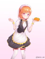 Rule 34 | 1girl, absurdres, bad id, bad pixiv id, blush, food, fruit, hand up, highres, looking at viewer, love live!, love live! school idol festival, love live! school idol project, love live! sunshine!!, maid, medium hair, orange hair, owari (niconeko94), parted lips, peach, pink background, plate, puffy short sleeves, puffy sleeves, red eyes, short sleeves, simple background, smile, solo, standing, takami chika, thighhighs, twitter username, white thighhighs