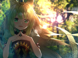 Rule 34 | 1girl, ahoge, animal ear fluff, animal ears, arm belt, atalanta (fate), backlighting, belt, belt buckle, black belt, blurry, blurry background, blush, breasts, buckle, cat ears, commentary request, depth of field, dress, fate/apocrypha, fate (series), fingernails, floating hair, green dress, green eyes, green hair, hair between eyes, hands up, highres, light brown hair, long hair, looking at viewer, multicolored hair, open mouth, puffy short sleeves, puffy sleeves, short sleeves, small breasts, solo, steepled fingers, suisen-21, two-tone hair, upper body, very long hair