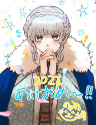 Rule 34 | 1girl, 2022, alternate costume, bags under eyes, black eyes, blue cape, blue hair, blue kimono, blush, braid, cape, chinese zodiac, closed mouth, commentary request, crown braid, fire emblem, fire emblem: three houses, fur-trimmed kimono, fur trim, happy new year, japanese clothes, kimono, looking at viewer, marianne von edmund, new year, nintendo, own hands together, short hair, sidelocks, solo, star (symbol), suu (dsg4sak), upper body, wide sleeves, year of the tiger