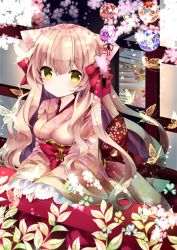Rule 34 | 1girl, animal ear fluff, animal ears, bad id, bad pixiv id, blush, bow, breasts, brown hair, bug, butterfly, cat ears, closed mouth, commentary request, floral print, flower, hair between eyes, hair bow, hair flower, hair ornament, insect, japanese clothes, kimono, long hair, long sleeves, looking at viewer, medium breasts, nanase kureha, nanase nao, obi, original, pink flower, pink kimono, print kimono, railing, red bow, sash, sleeves past wrists, solo, very long hair, wide sleeves, yellow eyes