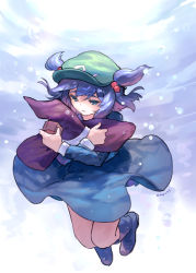 Rule 34 | 1girl, ainy, bad id, bad pixiv id, blue eyes, blue footwear, blue hair, boots, borrowed clothes, bubble, dress, dress shirt, hair bobbles, hair ornament, hat, holding, holding clothes, holding hat, hug, hugging object, kawashiro nitori, long sleeves, matching hair/eyes, mini-hakkero, pocket, rubber boots, shirt, short hair, skirt, skirt set, solo, touhou, two side up, underwater, unworn hat, unworn headwear, water, wet, wet clothes, witch hat