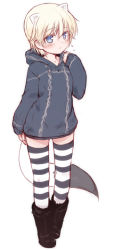 Rule 34 | 10s, 1girl, aged down, animal ears, blonde hair, blue eyes, blush, boots, brave witches, flying sweatdrops, full body, hood, hoodie, looking at viewer, nikka edvardine katajainen, null (nyanpyoun), short hair, simple background, solo, strike witches, striped clothes, striped thighhighs, tail, thighhighs, weasel ears, weasel tail, white background, world witches series, zettai ryouiki