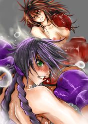 Rule 34 | 2girls, absurdres, battle, blood, blush, boxing, boxing gloves, braid, breasts, clenched teeth, green eyes, highres, in the face, long hair, multicolored hair, multiple girls, nipples, nonoririn, original, punching, purple hair, red eyes, red hair, sweat, teeth, topless, two-tone hair