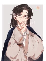 Rule 34 | 1girl, alternate costume, bangle, black cape, black hair, bracelet, brown eyes, cape, chinese clothes, flower, glasses, hair flower, hair ornament, hand on own chin, highres, jewelry, looking at viewer, medium hair, nian lun xing xing hao qu xue xi ba, reverse:1999, smile, solo, z (reverse:1999)