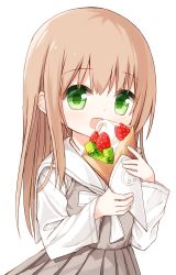 Rule 34 | 1girl, :d, blush, brown hair, commentary request, crepe, dress, eating, food, fruit, green eyes, grey dress, hair between eyes, holding, holding food, kiwi (fruit), long hair, long sleeves, looking at viewer, open mouth, original, pleated dress, sailor collar, shirt, sleeveless, sleeveless dress, smile, solo, strawberry, very long hair, waka (yuuhagi (amaretto-no-natsu)), white background, white sailor collar, white shirt, yuuhagi (amaretto-no-natsu)