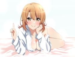Rule 34 | 1girl, bare legs, blush, breasts, brown hair, cleavage, closed mouth, collarbone, collared shirt, dars (recolors), dress shirt, hair between eyes, index finger raised, isshiki iroha, long hair, long sleeves, looking at viewer, lying, medium breasts, naked shirt, off shoulder, on stomach, open clothes, open shirt, shiny skin, shirt, simple background, smile, solo, straight hair, white background, white shirt, wing collar, yahari ore no seishun lovecome wa machigatteiru., yellow eyes