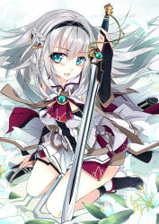 Rule 34 | 1girl, ascot, belt, blue eyes, braid, breasts, bridal gauntlets, brooch, flower, hairband, jewelry, lily (flower), long hair, looking at viewer, open mouth, original, shirokitsune, shirt, silver hair, sitting, skirt, solo, sword, very long hair, wariza, weapon, wide sleeves, wind