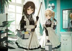 Rule 34 | 2girls, asymmetrical hair, basket, bathtub, black gloves, black hair, blonde hair, bonnet, bucket, cabinet, commentary, cropped legs, curtains, dress, english commentary, faucet, frilled dress, frills, gloves, green eyes, twirling hair, highres, light, looking at viewer, maid, mirror, mop, motto (night wear), multiple girls, open mouth, original, plant, potted plant, reflection, side ponytail, sink, soap bottle, sponge, towel, window, wrist cuffs, yellow eyes