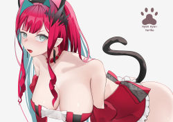 Rule 34 | 1girl, absurdres, animal ears, ass, bare shoulders, breasts, cat ears, cat tail, cleavage, collar, collarbone, dress, earrings, baobhan sith (fate), fate/grand order, fate (series), grey eyes, highres, jewelry, large breasts, long hair, looking at viewer, pink hair, pointy ears, red dress, san (harutuki 3), sidelocks, solo, tail, tiara